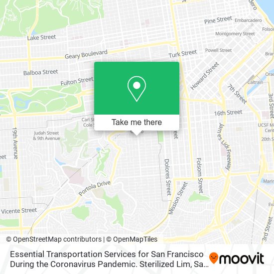 Mapa de Essential Transportation Services for San Francisco During the Coronavirus Pandemic. Sterilized Lim