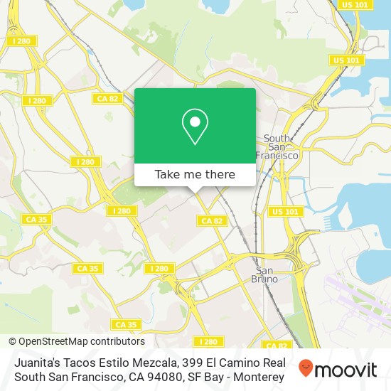 Mapa de Juanita's Tacos Estilo Mezcala, 399 El Camino Real South San Francisco, CA 94080