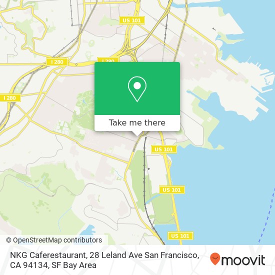 Mapa de NKG Caferestaurant, 28 Leland Ave San Francisco, CA 94134