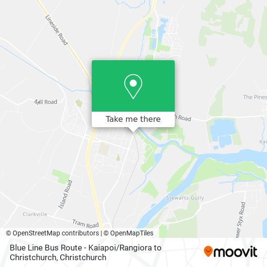 Blue Line Bus Route - Kaiapoi / Rangiora to Christchurch map