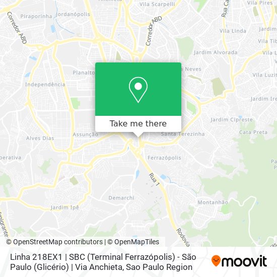 Mapa Linha 218EX1 | SBC (Terminal Ferrazópolis) - São Paulo (Glicério) | Via Anchieta