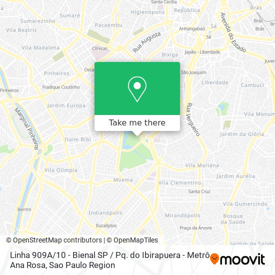 Linha 909A / 10 - Bienal SP / Pq. do Ibirapuera - Metrô Ana Rosa map