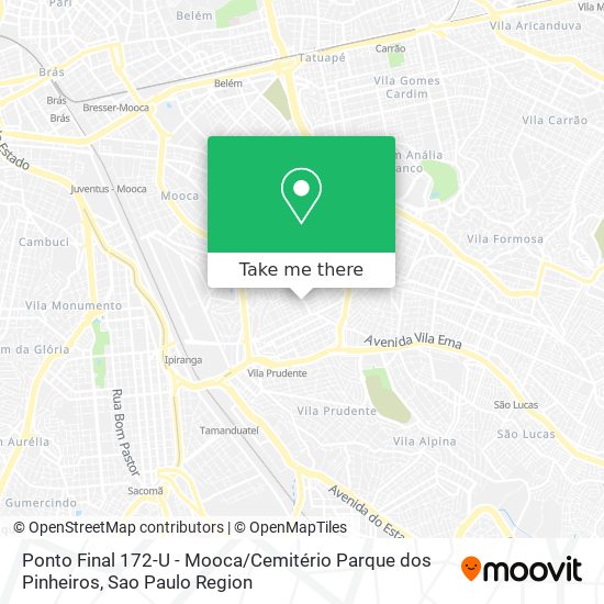 Mapa Ponto Final 172-U - Mooca / Cemitério Parque dos Pinheiros