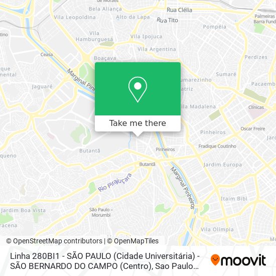 Mapa Linha 280BI1 - SÃO PAULO (Cidade Universitária) - SÃO BERNARDO DO CAMPO (Centro)