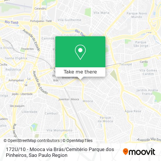 172U / 10 - Mooca via Brás / Cemitério Parque dos Pinheiros map