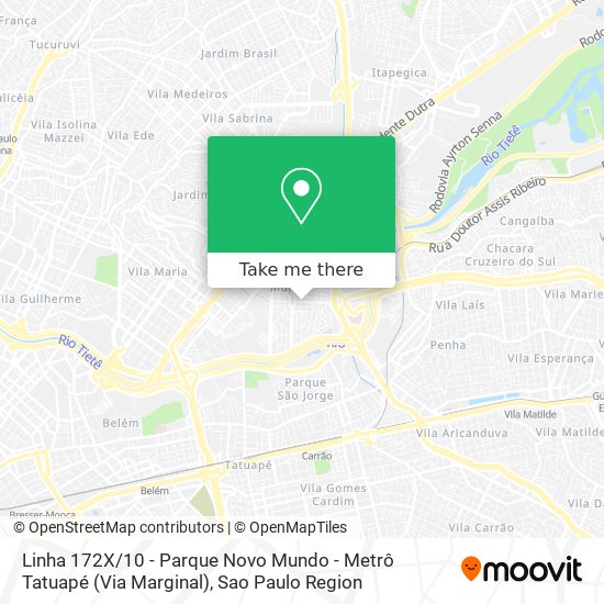 Linha 172X / 10 - Parque Novo Mundo - Metrô Tatuapé (Via Marginal) map