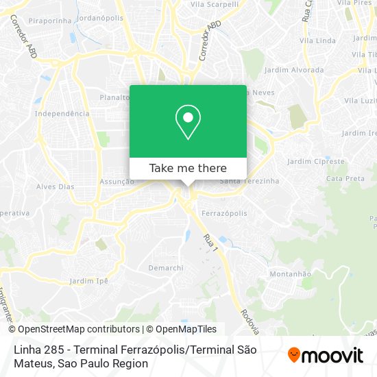 Mapa Linha 285 - Terminal Ferrazópolis / Terminal São Mateus