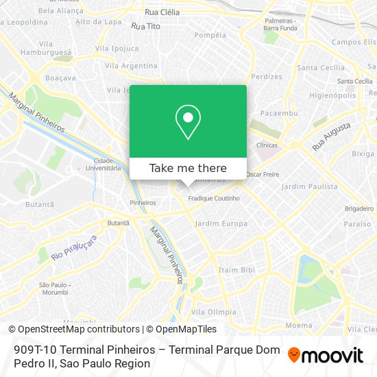 909T-10 Terminal Pinheiros – Terminal Parque Dom Pedro II map