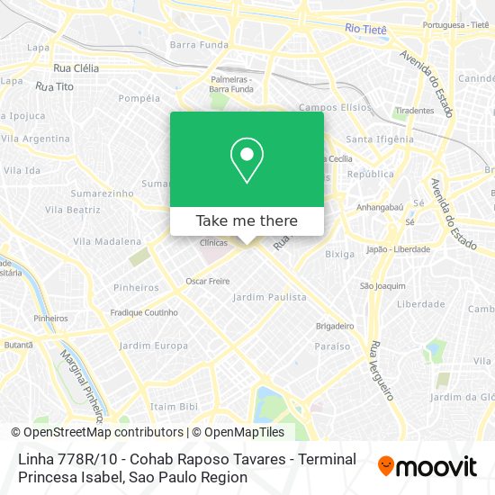 Linha 778R / 10 - Cohab Raposo Tavares - Terminal Princesa Isabel map