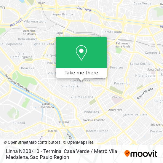 Mapa Linha N208 / 10 - Terminal Casa Verde / Metrô Vila Madalena