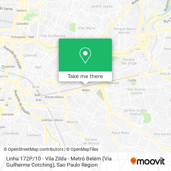 Mapa Linha 172P / 10 - Vila Zilda - Metrô Belém (Via Guilherme Cotching)