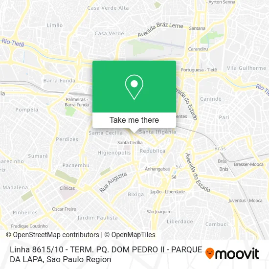 Linha 8615 / 10 - TERM. PQ. DOM PEDRO II - PARQUE DA LAPA map