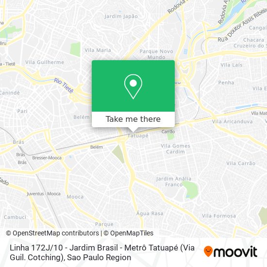 Mapa Linha 172J / 10 - Jardim Brasil - Metrô Tatuapé (Via Guil. Cotching)