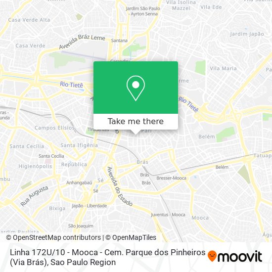 Mapa Linha 172U / 10 - Mooca - Cem. Parque dos Pinheiros (Via Brás)
