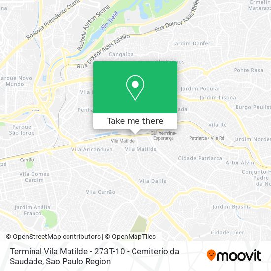 Mapa Terminal Vila Matilde - 273T-10 - Cemiterio da Saudade