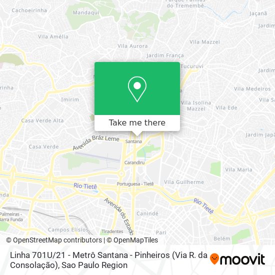 Mapa Linha 701U / 21 - Metrô Santana - Pinheiros (Via R. da Consolação)