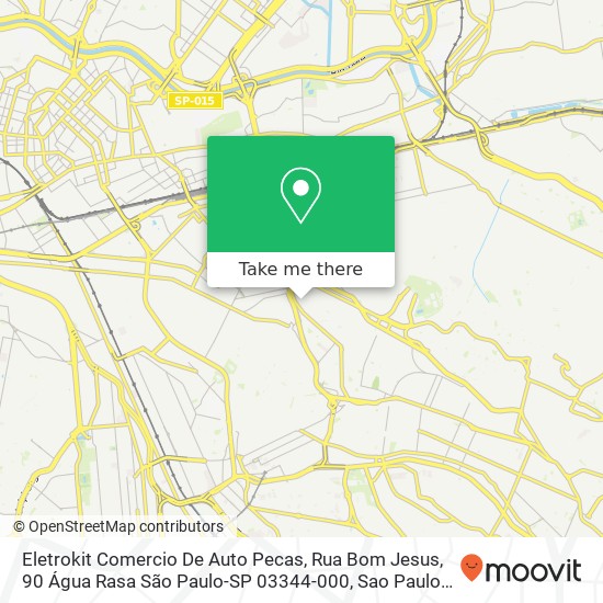 Mapa Eletrokit Comercio De Auto Pecas, Rua Bom Jesus, 90 Água Rasa São Paulo-SP 03344-000