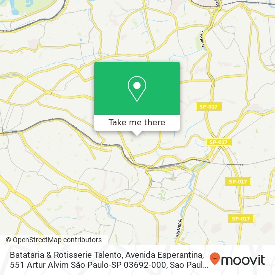 Mapa Batataria & Rotisserie Talento, Avenida Esperantina, 551 Artur Alvim São Paulo-SP 03692-000