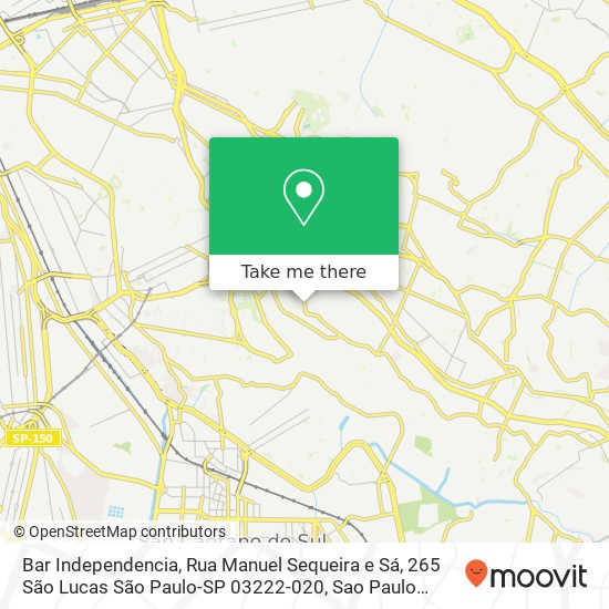 Mapa Bar Independencia, Rua Manuel Sequeira e Sá, 265 São Lucas São Paulo-SP 03222-020