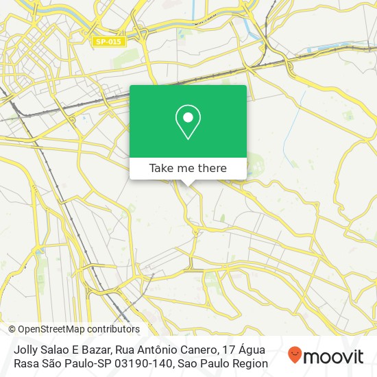 Mapa Jolly Salao E Bazar, Rua Antônio Canero, 17 Água Rasa São Paulo-SP 03190-140