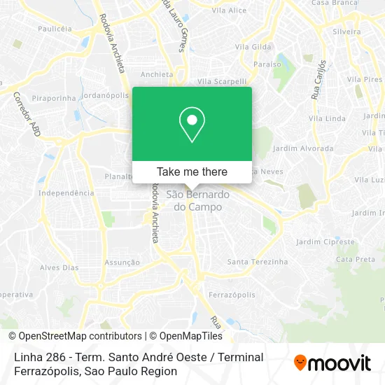 Linha 286 - Term. Santo André Oeste / Terminal Ferrazópolis map