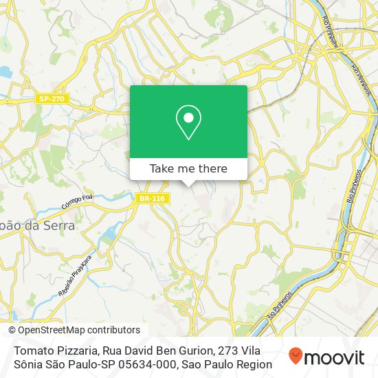 Mapa Tomato Pizzaria, Rua David Ben Gurion, 273 Vila Sônia São Paulo-SP 05634-000