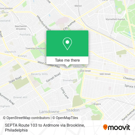 Mapa de SEPTA Route 103 to Ardmore via Brookline