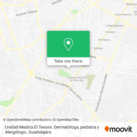 Mapa de Unidad Medica El Tesoro. Dermatóloga, pediatra y Alergólogo.