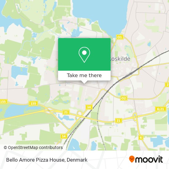 How to get to Bello Amore Pizza House in Roskilde by or Train?