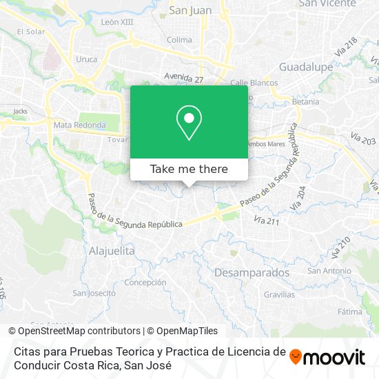 Citas para Pruebas Teorica y Practica de Licencia de Conducir Costa Rica map