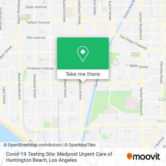 Mapa de Covid-19 Testing Site: Medpost Urgent Care of Huntington Beach