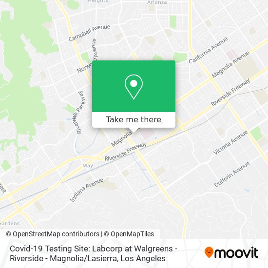 Mapa de Covid-19 Testing Site: Labcorp at Walgreens - Riverside - Magnolia / Lasierra
