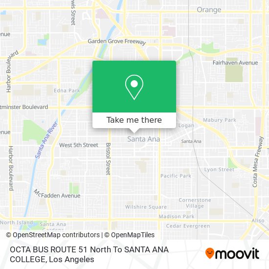 OCTA BUS ROUTE 51 North To SANTA ANA COLLEGE map