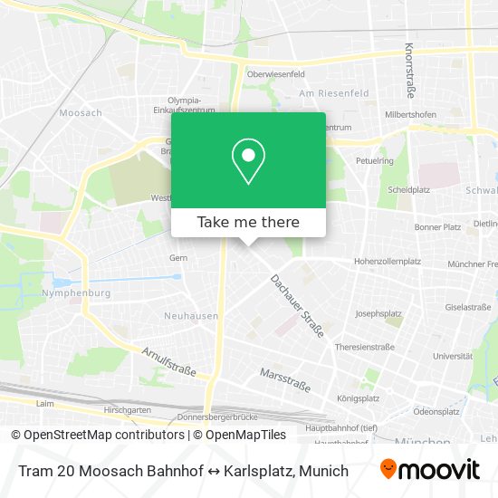 Tram 20 Moosach Bahnhof ↔ Karlsplatz map