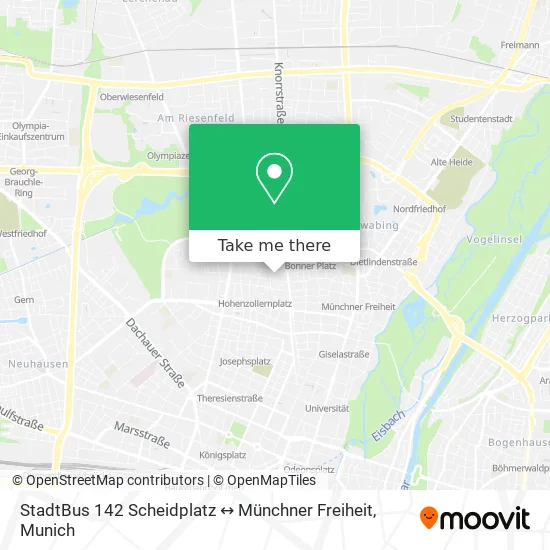Карта StadtBus 142 Scheidplatz ↔ Münchner Freiheit