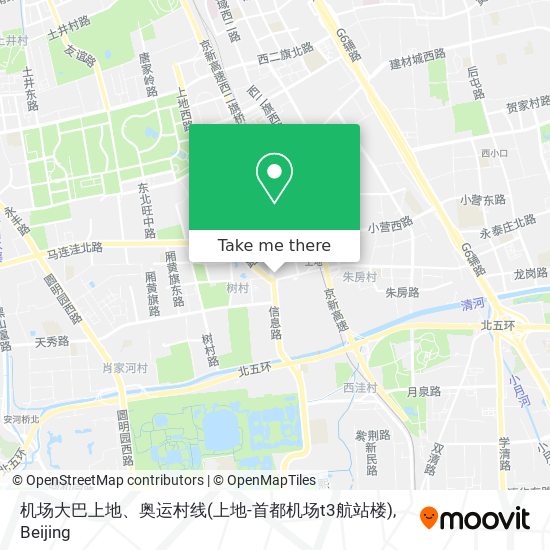 机场大巴上地、奥运村线(上地-首都机场t3航站楼) map