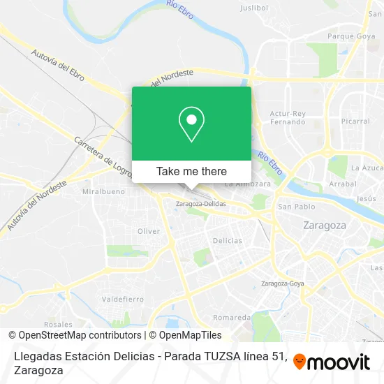 Llegadas Estación Delicias - Parada TUZSA línea 51 map