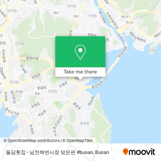 How to get to 돌담횟집 - 남천해변시장 맞은편 #busan in 수영구 by Bus or Metro | Moovit