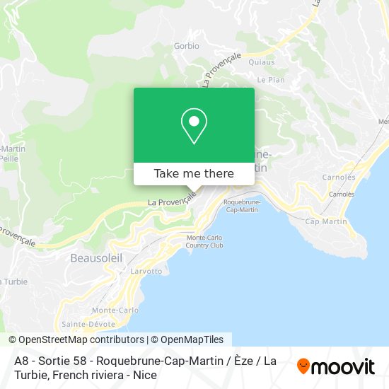 A8 - Sortie 58 - Roquebrune-Cap-Martin / Èze / La Turbie map