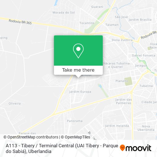 A113 - Tibery / Terminal Central (UAI Tibery - Parque do Sabiá) map