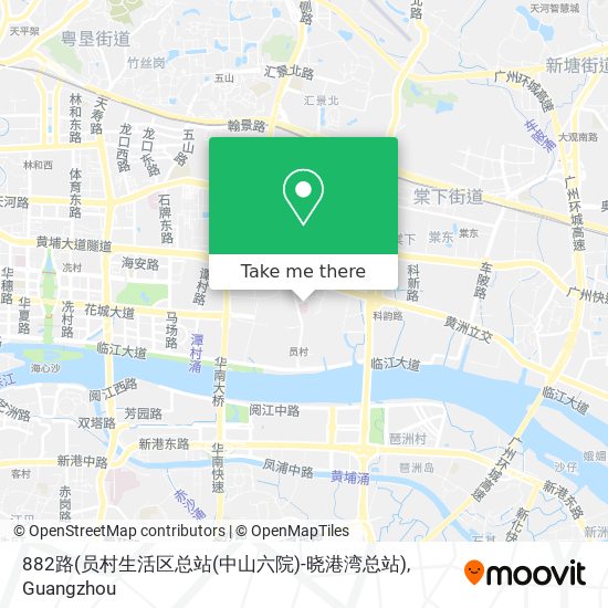 882路(员村生活区总站(中山六院)-晓港湾总站) map