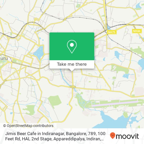 Jimis Beer Cafe in Indiranagar, Bangalore, 789, 100 Feet Rd, HAL 2nd Stage, Appareddipalya, Indiran map