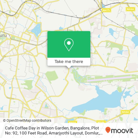 Cafe Coffee Day in Wilson Garden, Bangalore, Plot No: 92, 100 Feet Road, Amarjyothi Layout, Domlur, map