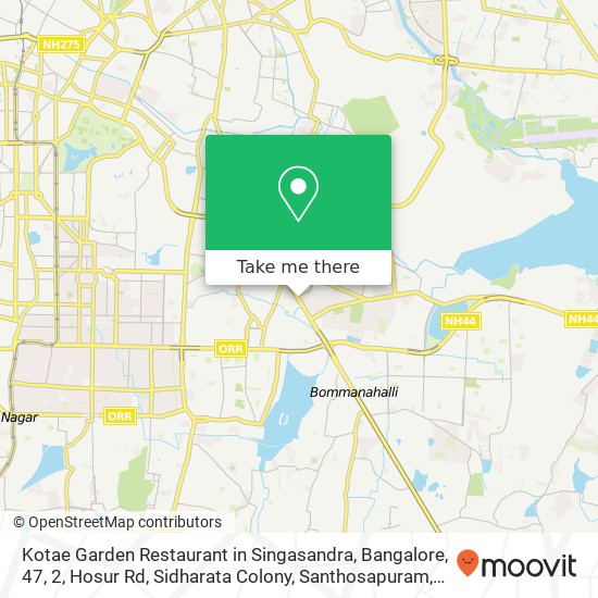 Kotae Garden Restaurant in Singasandra, Bangalore, 47, 2, Hosur Rd, Sidharata Colony, Santhosapuram map