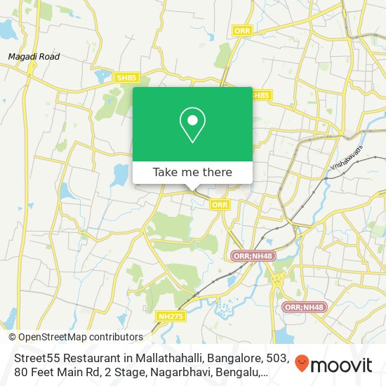 Street55 Restaurant in Mallathahalli, Bangalore, 503, 80 Feet Main Rd, 2 Stage, Nagarbhavi, Bengalu map