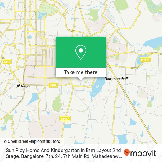 Sun Play Home And Kindergarten in Btm Layout 2nd Stage, Bangalore, 7th, 24, 7th Main Rd, Mahadeshwa map