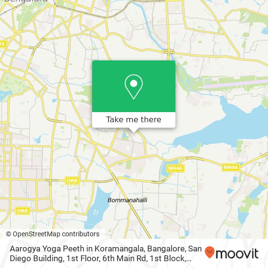 Aarogya Yoga Peeth in Koramangala, Bangalore, San Diego Building, 1st Floor, 6th Main Rd, 1st Block map