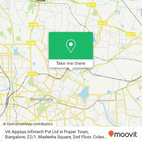V6 Appsys Infotech Pvt Ltd in Frazer Town, Bangalore, 22 / 1, Madeeha Square, 2nd Floor, Coles Road, map