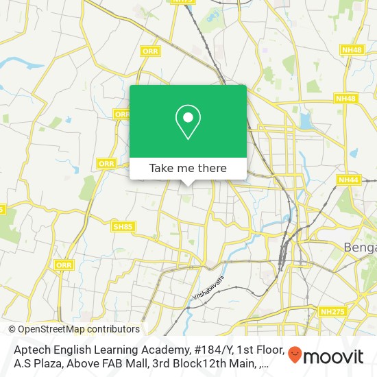 Aptech English Learning Academy, #184 / Y, 1st Floor, A.S Plaza, Above FAB Mall, 3rd Block12th Main, map