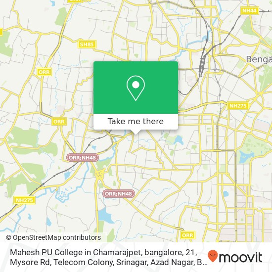 Mahesh PU College in Chamarajpet, bangalore, 21, Mysore Rd, Telecom Colony, Srinagar, Azad Nagar, B map